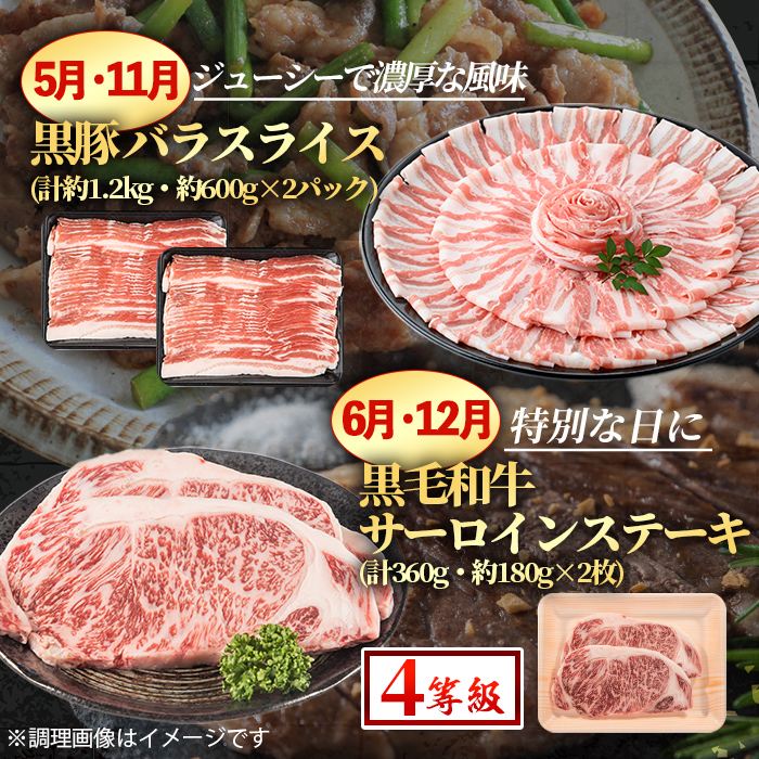 i1008 ＜定期便・計12回(連続)＞黒毛和牛黒豚定期便(総計約10.7kg以上)国産 九州産 鹿児島産 黒毛和牛 牛肉 国産牛 黒豚 豚肉 サーロイン ステーキ 切り落とし 切落し しゃぶしゃぶ すき焼き 定期便 12回 冷凍配送【スターゼン】