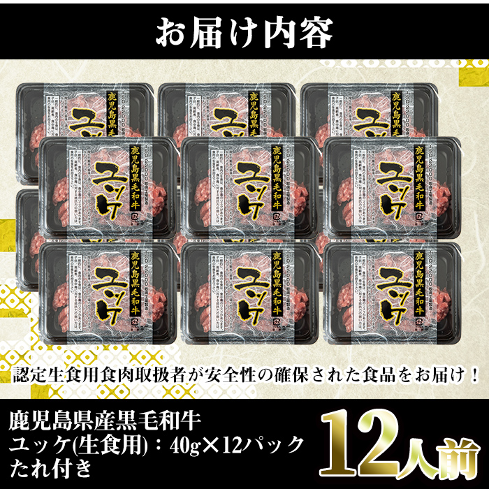 i1211-B 鹿児島県産黒毛和牛ユッケ12人前(40g×12P・計480g) 肉 牛肉 黒毛和牛 国産 鹿児島県産 ユッケ 生食 旨み 480g 12人 【カミチク】