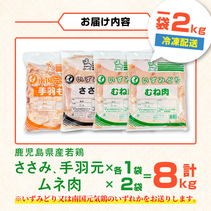 i449 若鶏ムネ肉・手羽元・ささみ(計8kg)鹿児島県産の鶏肉を3種お届け 鶏肉 鳥肉 とり肉 ムネ むね肉 手羽元 ささみ 詰め合わせ セット 国産 鹿児島県産 計8kg 安心安全 【まつぼっくり】