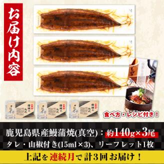 i854-A ＜定期便・計3回(連続月)＞鹿児島県産うなぎ蒲焼3尾セット＜(約140g×3・計約420g)×全3回＞ うなぎ 鰻 ウナギ 2尾 蒲焼き 国産 鹿児島県産 焼きたて 生産量日本一 真空パック おかず 晩御飯 特別な日 土用の丑の日 【薩摩川内鰻】