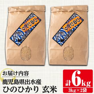 i504 鹿児島県出水市産ひのひかり玄米＜3kg×2袋・計6kg＞ 米 玄米 お米 6kg 国産 ひのひかり おにぎり ごはん 自家脱穀 お米マイスター 厳選  【田上商店】