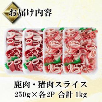 i893 《毎月数量限定》鹿児島県出水市産 大幸鹿・猪 しゃぶしゃぶ用スライス(250g×各2P 計4P・1kg) 肉 鹿肉 猪肉 ジビエ 料理 高タンパク 低カロリー 低脂質 鉄分豊富 亜鉛 ビタミン ビタミンB ダイエット しゃぶしゃぶ 冷凍 【大幸】