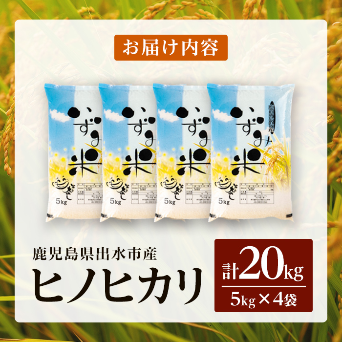 i1079-C 令和7年産 鹿児島県 出水市産 ヒノヒカリ (計20kg・5kg×4袋) 米 20kg ひのひかりヒノヒカリ 鹿児島 20キロ お米 九州 九州産 甘み あっさり もちもち 【いずみキッチン】