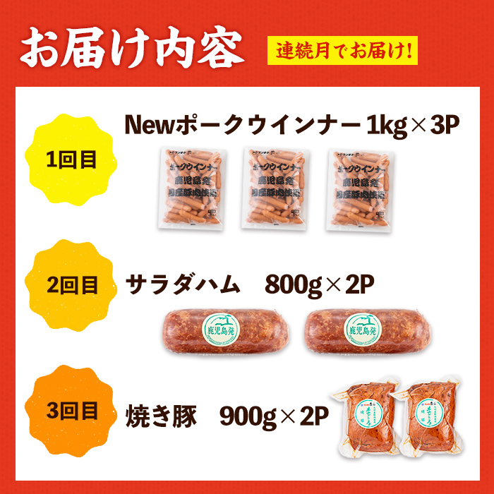 i1205-A ＜定期便・計3回(連続月)＞ ナンチク 加工品 セット ( Newポークウインナー / 焼き豚 / サラダハム ) 定期便 訳アリ ウインナー ソーセージ 焼き豚 チャーシュー サラダハム 簡易包装 業務用 人気 連続月【ナンチク】
