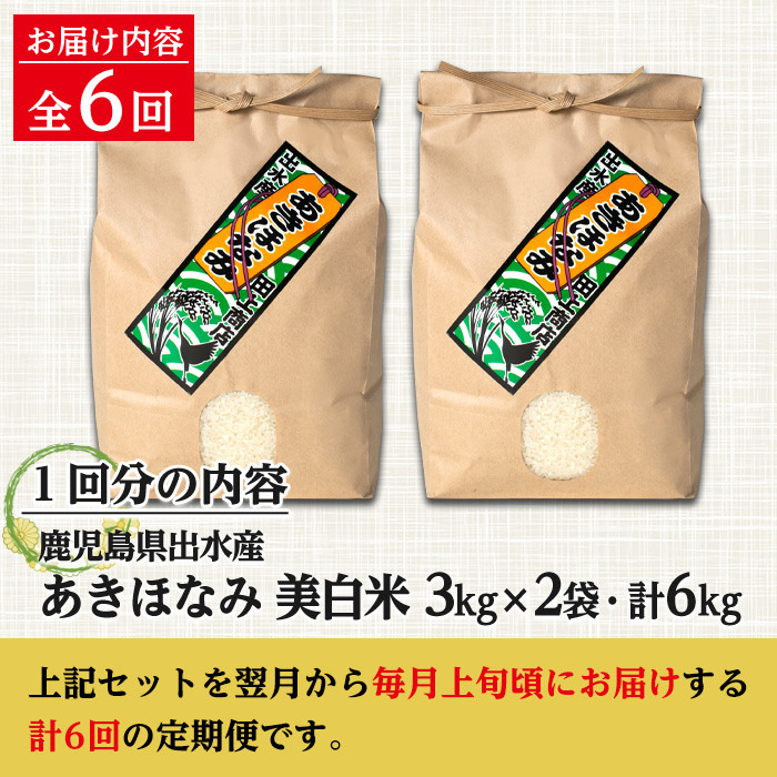 i540 ＜定期便・計6回(連続)＞鹿児島県出水市産あきほなみ 美白米＜(3kg×2袋・計6kg)×全6回＞ 米 6kg 計36kg お米 白米 アキホナミ 美白米 定期便 自家脱穀 自家精米 発送直前 精米 おにぎり ごはん お米マイスター 厳選 【田上商店】