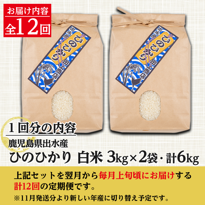 i653 ＜定期便・計12回(連続)＞鹿児島県出水市産ひのひかり＜(3kg×2袋・計6kg)×全12回＞ 米 白米 お米 6kg 計72kg 定期便 国産 ヒノヒカリ おにぎり 自家脱穀 ごはん お米マイスター 厳選 【田上商店】