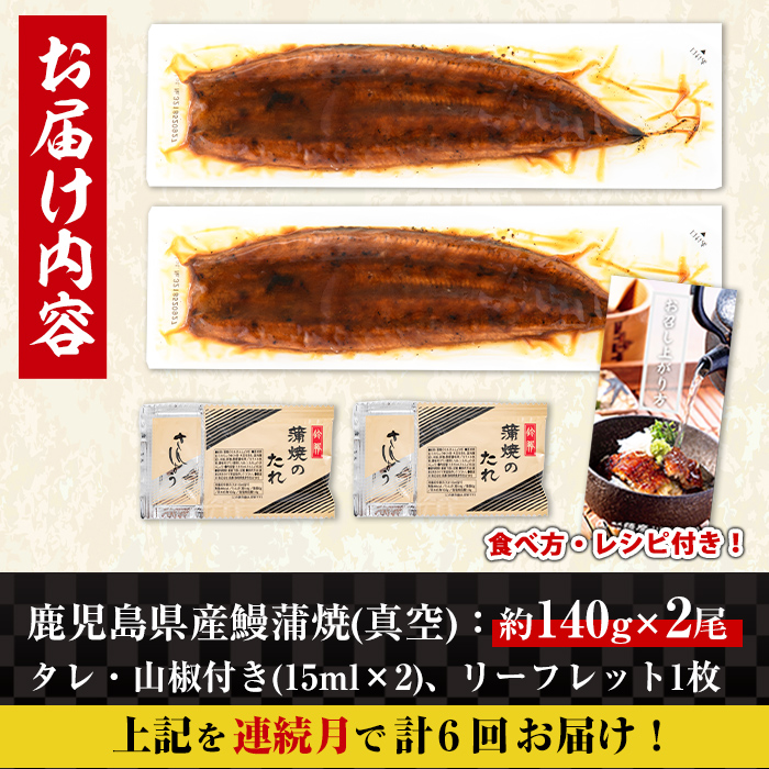 i938-A ＜定期便・計6回(連続月)＞鹿児島県産うなぎ蒲焼2尾セット＜(約140g×2・計約280g)×全6回＞ 定期便 うなぎ 鰻 ウナギ 2尾 蒲焼き 国産 鹿児島県産 焼きたて 生産量日本一 真空パック おかず 晩御飯 特別な日 土用の丑の日 【薩摩川内鰻】