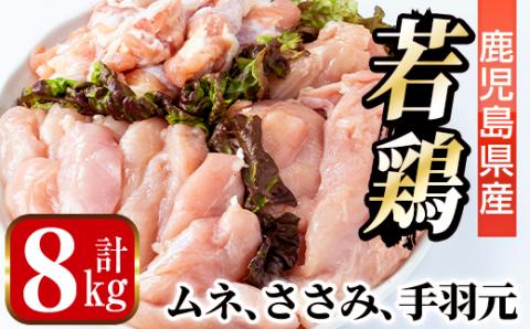 i449 若鶏ムネ肉・手羽元・ささみ(計8kg)鹿児島県産の鶏肉を3種お届け 鶏肉 鳥肉 とり肉 ムネ むね肉 手羽元 ささみ 詰め合わせ セット 国産 鹿児島県産 計8kg 安心安全 【まつぼっくり】