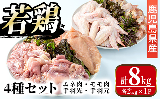 i1097 鹿児島県産 若鶏4種セット (ムネ・モモ・手羽先・手羽元 / 各2kg×1P・計8kg ) 鶏肉 むね肉 もも肉 手羽先 手羽元 国産 九州産 お肉 モモ肉 ムネ肉 手羽 手羽さき 手羽もと チキン 冷凍 セット 詰め合わせ 【まつぼっくり】