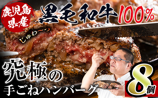 i218 鹿児島県産！黒毛和牛の究極の手ごねハンバーグ(100g×8個) ハンバーグ 牛肉 黒毛和牛 100％ 国産 冷凍配送 冷凍ハンバーグ おかず 手ごねハンバーグ 安心安全 簡単調理 8個 網脂あり 【スーパーよしだ】