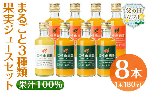 i610-f 【父の日ギフト】まるごと３種類果実ジュースセット(180ml×8本・全3種) 飲料 ジュース みかん 蜜柑 詰合せ 果汁 100% 河内晩柑 不知火 温州みかん 無着色 無香料 ストレートジュース 安心安全 父の日 プレゼント ギフト 贈答 【江崎果樹園】
