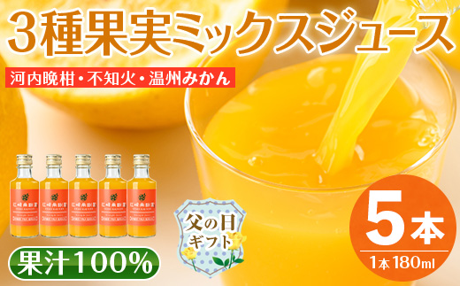 i990-C-f 【父の日ギフト】3種果実ミックスジュース(180ml×5本) 飲料 ジュース みかん 蜜柑 果汁 100% 河内晩柑 不知火 温州みかん 無着色 無香料 ストレートジュース 安心安全 父の日 プレゼント ギフト 贈答 【江崎果樹園】