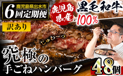 i689 ＜定期便・計6回(隔月)＞【訳あり】鹿児島県産！黒毛和牛の究極の手ごねハンバーグ(総計48個・100g×8個×6回) ハンバーグ 牛肉 黒毛和牛 100％ 国産 冷凍 おかず 定期便 エコパッケージ 小分け 手ごねハンバーグ 安心安全 簡単調理【スーパーよしだ】