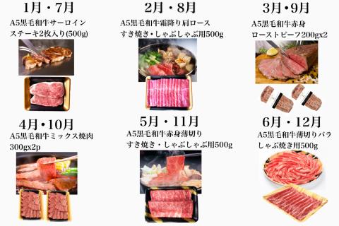 【全６回定期便】鹿児島県産A5黒毛和牛霜降り・赤身食べ尽くし定期便 3kg ギフト黒箱入(水迫畜産/Z120-550)M21 肉 牛 牛肉 豚 黒豚 ローストビーフ 切り落とし すき焼き しゃぶしゃぶ