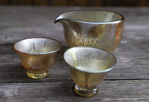 【ガラス工芸品】銀彩 飴釉酒器(片口・盃2個)(宮澤ガラス/077-1040)