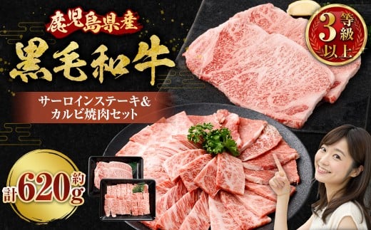 【鹿児島県産】 黒毛和牛 サーロインステーキ＆カルビ焼肉セット 合計約620g 肉 お肉 にく ニク 牛肉 サーロイン カルビ ステーキ 焼肉 詰め合わせ 冷凍 鹿児島県 薩摩川内市 BS-3121