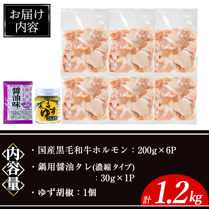 国産黒毛和牛ホルモン計1.2kg(200g×6P)&鍋用醤油タレ(濃縮タイプ：30g×1P)&ゆず胡椒(1個) 牛肉 ホルモン 【ナンチク】A997