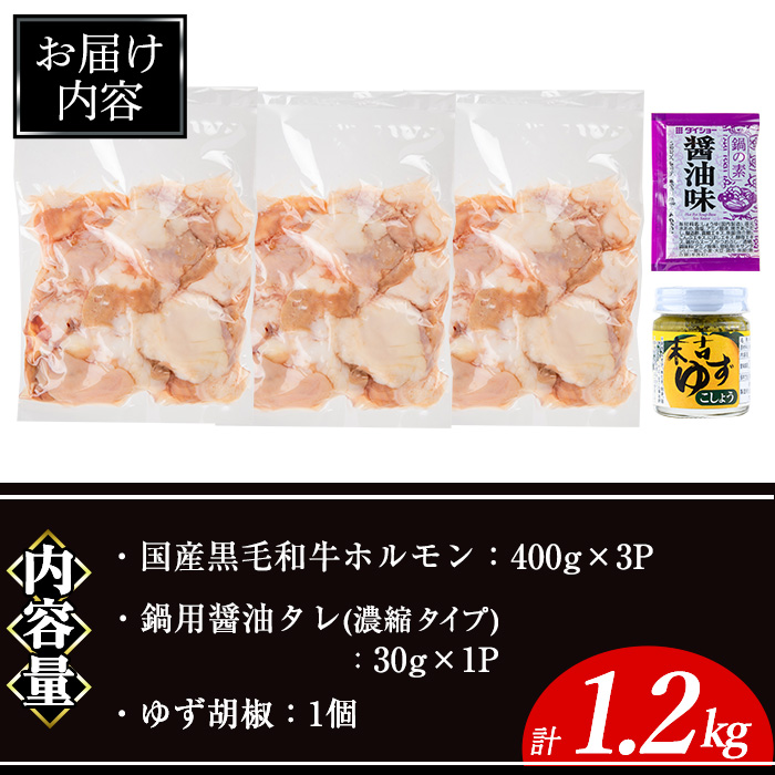 国産黒毛和牛ホルモン計1.2kg(400g×3P)&鍋用醤油タレ(濃縮タイプ：30g×1P)&ゆず胡椒(1個) 牛肉 ホルモン 【ナンチク】A998