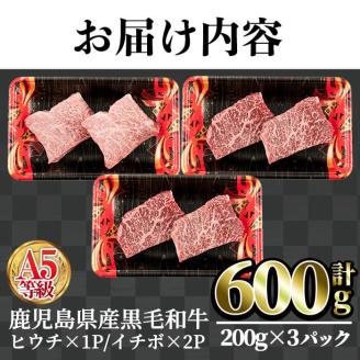 鹿児島県産黒毛和牛(A5等級)希少部位ステーキセット (合計600g・ヒウチステーキ(200g×1)イチボステーキ(200g×2)セット)【カミチク】A233-v01