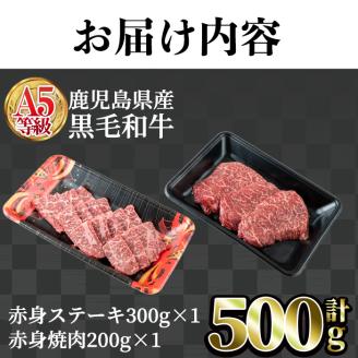 鹿児島県産黒毛和牛(A5等級)赤身ステーキ(300g×1P)＆赤身焼肉(200g×1P) 合計500g【カミチク】A327-v01