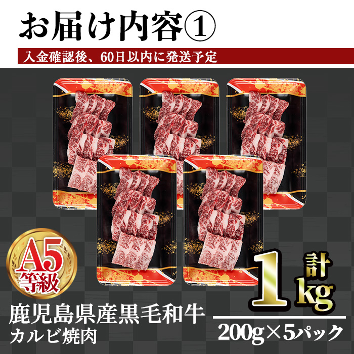 ＜配送回数・内容量が選べる＞A5等級鹿児島県産黒毛和牛カルビ焼肉(計1kg・200g×5パック×1回)【カミチク】A491-v01 【1回】200g×5パック