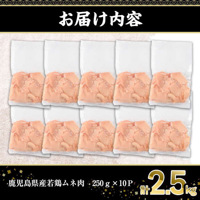 鹿児島県産若鶏ムネ肉(計2.5kg・250g×10P)【株式会社羽根】A574