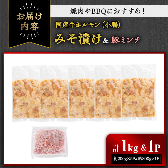 国産牛ホルモン（小腸）みそ漬け＆豚ミンチセット(計1kg・約200g×5パック) 牛肉 ホルモン みそ漬け【おきどき】A817-v02 計1kg