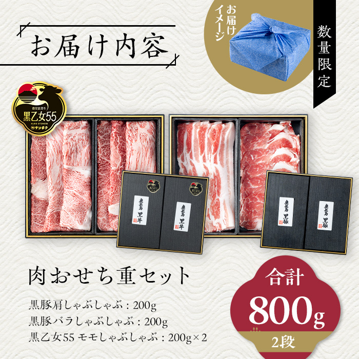 ＜先行予約受付中・2025年12月下旬頃から順次発送予定＞【数量限定】＜内容量が選べる！＞肉おせち重セット【鹿児島黒乙女55・黒豚】(合計800g) 黒毛和牛 黒牛 黒豚【ナンチク】A961 2段