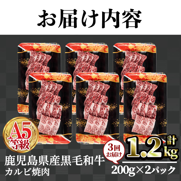＜配送回数が選べる＞A5等級鹿児島県産黒毛和牛カルビ焼肉(計1.2kg・200g×2パック×3回)焼肉 カルビ 定期便【カミチク】T44 【3回分・定期便】200g×2パック