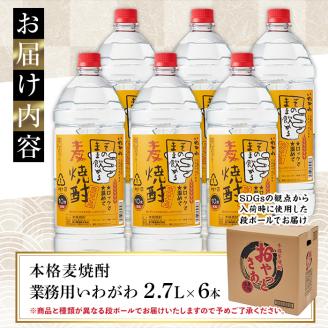 【訳あり】業務用 岩川醸造 本格麦焼酎 いわがわ〈麦〉 (2.7L×6本・計16.2L)【大隅家】A355-v01