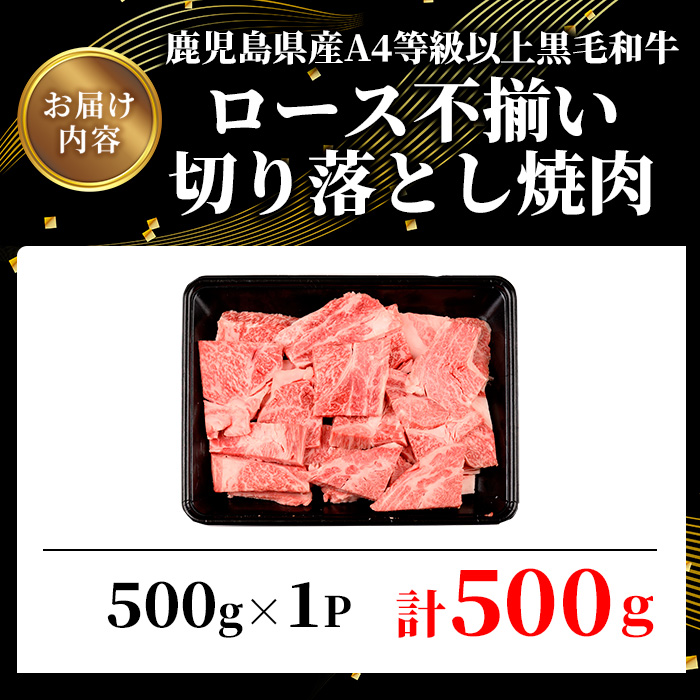 鹿児島県産A4等級以上黒毛和牛・ロース不揃い切り落とし焼肉 計500g(500g×1パック)【ビーフ倉薗】A521