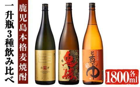 岩川醸造 本格麦焼酎飲み比べ一升瓶3本セット！(麦焼酎の邑、ど真ん中、鬼嫁：各1800ml)【大隅家】 A328-v02