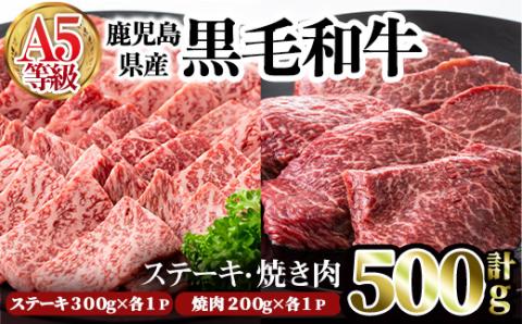 鹿児島県産黒毛和牛(A5等級)赤身ステーキ(300g×1P)＆赤身焼肉(200g×1P) 合計500g【カミチク】A327-v01