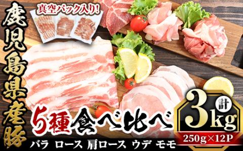 鹿児島県産「天恵美豚」豚バラ・ロース・肩ロース・モモ・ウデ(250g×12P・計3kg)【アグリおおすみ】B142-v01