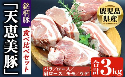 鹿児島県産「天恵美豚」！BBQ ブロック セット 豚バラ・ロース・肩ロース・モモ・ウデ(計3kg) 国産 豚肉 食べ比べ【アグリおおすみ】B154-v01