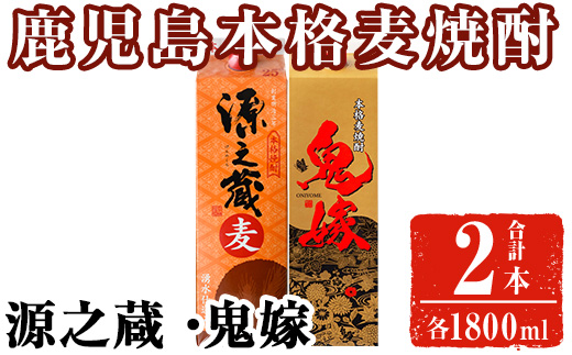 岩川醸造 本格麦焼酎飲み比べ1800mlパック2本セット！(源之蔵、鬼嫁：各1800ml×1本) 麦焼酎 お酒 飲み比べ【大隅家】A1022