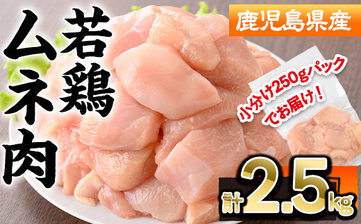鹿児島県産若鶏ムネ肉(計2.5kg・250g×10P)【株式会社羽根】A574