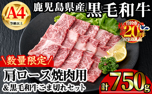 【数量限定】鹿児島県産黒毛和牛A4等級以上肩ロース焼肉用 (計750g＋黒毛和牛こま切れ250g×1P) 鹿児島県産 牛肉 冷凍 【KNOT】 A806-v01 【計750g＋こま切れ250g】