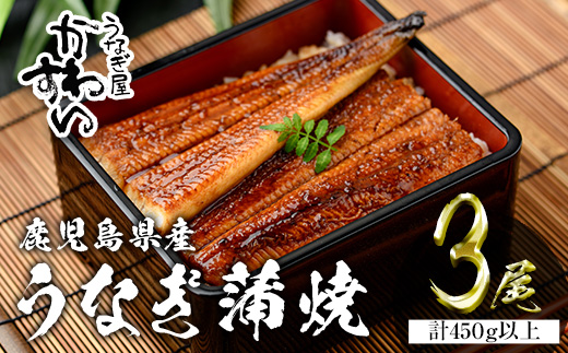 ＜うなぎ屋かわすい＞鹿児島県産 国産うなぎ蒲焼 (計450g以上 / 1本あたり150～169g×3本) タレ入り 鰻 うな重 かばやき【川口水産】A855