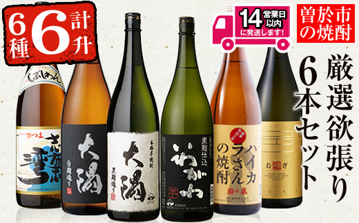 ＜2週間以内発送！＞曽於市の焼酎満足6本セット(6種各1800ml：大隅黒麹・白麹 志布志湾 いわがわ ハイカラさん 邑麦)【山元商店】B105-v03