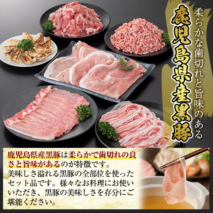 A8-012 国産！鹿児島県産黒豚バラエティーセット計2.6kg超え(小間切れ250g×4P・ロース300g・バラ300g・ミンチ500g・モモ500g・餃子10個入)【肉の豊楽】霧島市 豚肉 小分け 薄切り 総菜 詰め合わせ