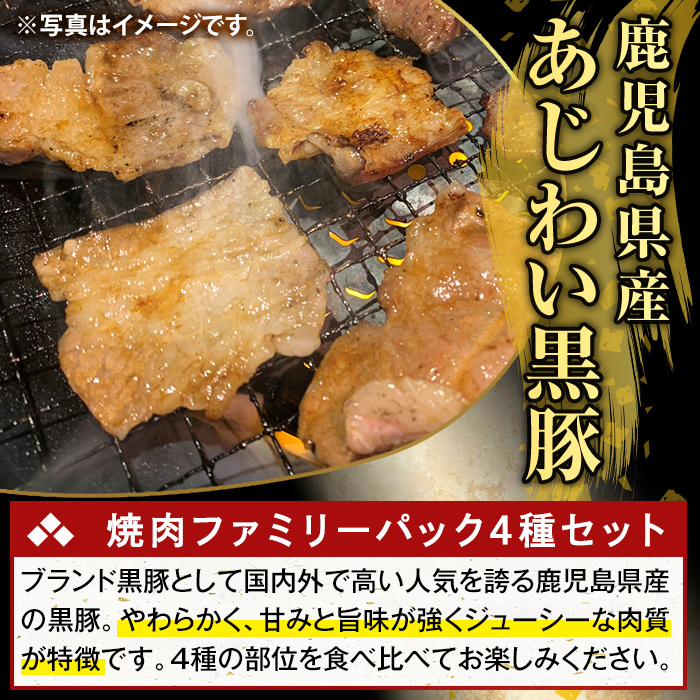 K-370-B かごしま味わい黒豚 焼肉ファミリーパック(合計2.4kg)【ふるさと産直バザール】霧島市 ロース バラ モモ ウデ 焼き肉 ヤキニク 豚肉 国産 鹿児島県産 肉 精肉 小分け セット 食べ比べ