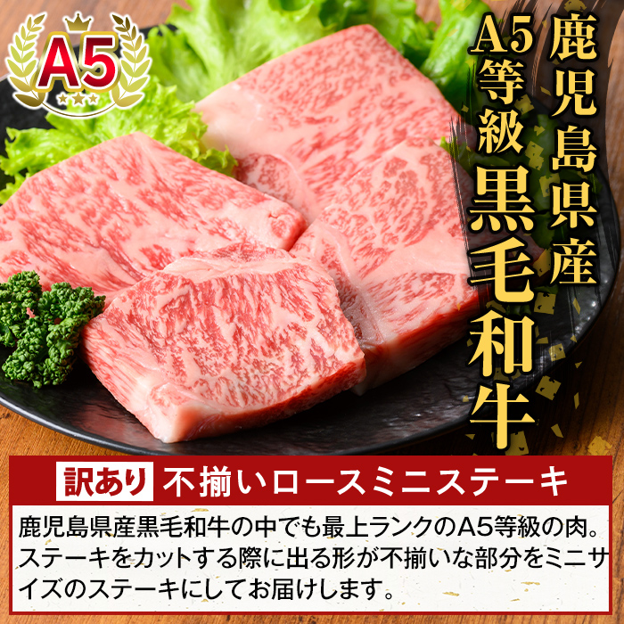 K-479-C ＜訳あり＞鹿児島県産A5等級黒毛和牛不揃いロースミニステーキ(計640g) 【ふるさと産直バザール】霧島市 牛肉 国産 鹿児島県産 赤身肉 不揃い ワケアリ ロース ステーキ 肉 精肉