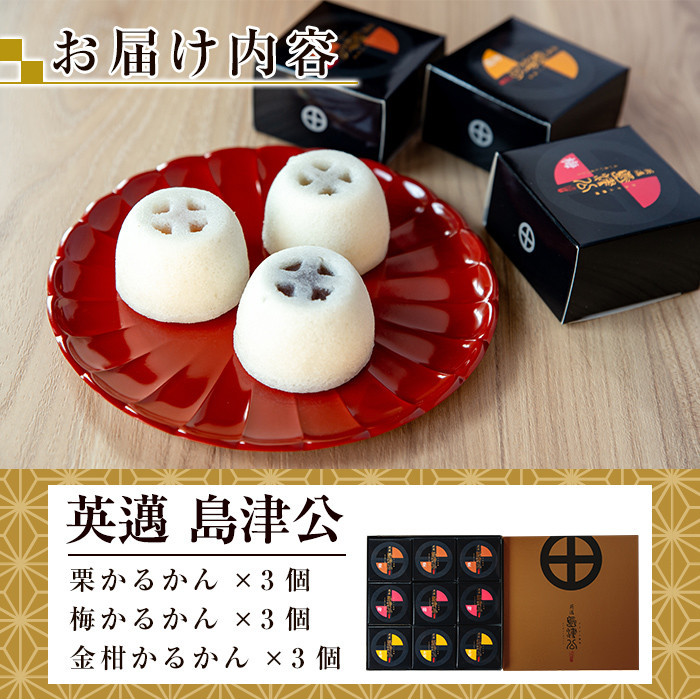 A6-003 かるかん饅頭「英邁 島津公」3種セット(計9個)【森三】霧島市 和菓子 かるかん 軽羹 饅頭 まんじゅう 茶請け 常温
