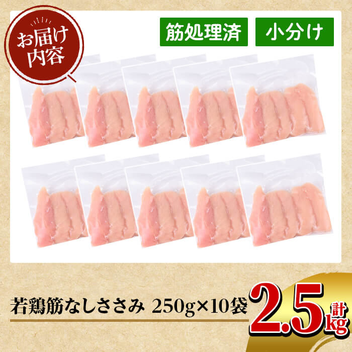 K-216 鹿児島県産 若鶏筋なしささみ (計2.5kg・250g×10袋)【TRINITY】 霧島市 国産 小分け 冷凍 真空パック 鶏肉 鳥肉 ささみ ササミ 筋なし 時短