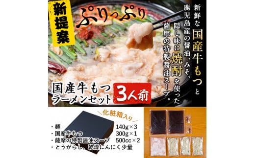 A-166 国産牛もつラーメンセット(3人前)【鹿児島ラーメン】霧島市 鍋 もつ鍋 鍋セット2-3人 ラーメン もつ鍋セット