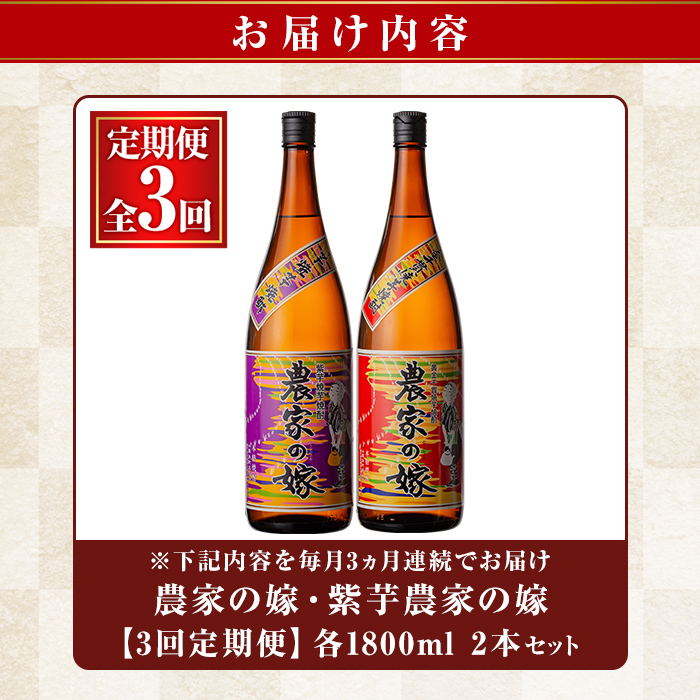 B0-185-C 本格芋焼酎飲み比べ「農家の嫁」「紫芋農家の嫁」(【3回定期便】各1,800ml)【霧島町蒸留所】霧島市 焼酎 芋焼酎 本格芋焼酎 本格焼酎 酒 飲み比べ セット 宅飲み 家飲み 定期便