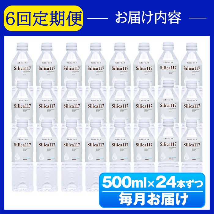 K-134-F 《定期便：6回》Silica117 500mlペットボトル×24本ずつ(計144本/72L)【シャディ】霧島市 水 シリカ シリカ水 シリカウォーター ミネラルウォーター ミネラル成分 飲料水 天然水 軟水 温泉水 ペットボトル 定期便