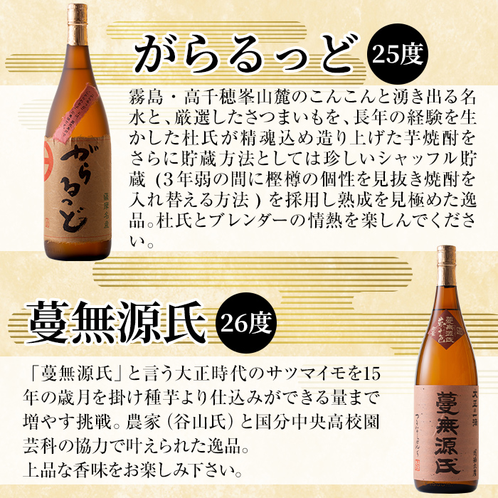 K-188 本格芋焼酎飲み比べセット！「蔓無源氏」「がらるっど」(各1800ml)【石野商店】焼酎 芋焼酎 本格芋焼酎 本格焼酎 酒 宅飲み 家飲み 詰め合わせ