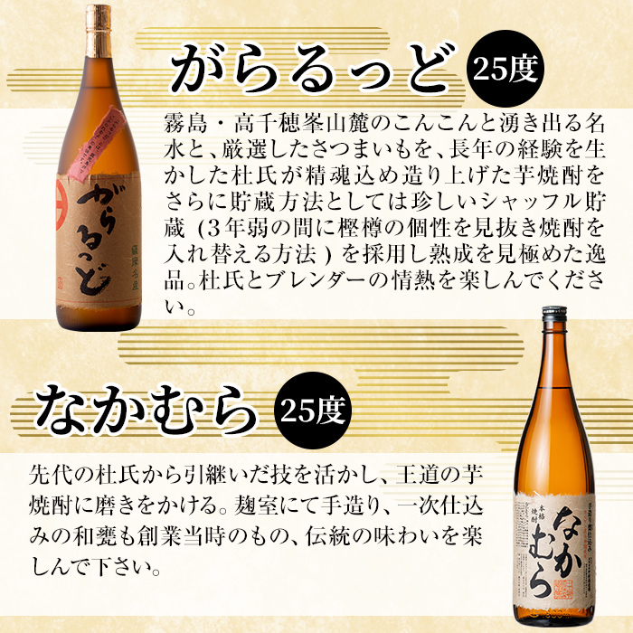 K-190 本格芋焼酎飲み比べセット！「なかむら」「がらるっど」(各1800ml)【石野商店】焼酎 芋焼酎 本格芋焼酎 本格焼酎 酒 宅飲み 家飲み 詰め合わせ